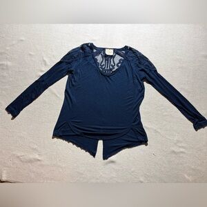 Free People Angelina Midnight Blue Lace Back V-neck Long Sleeve Top